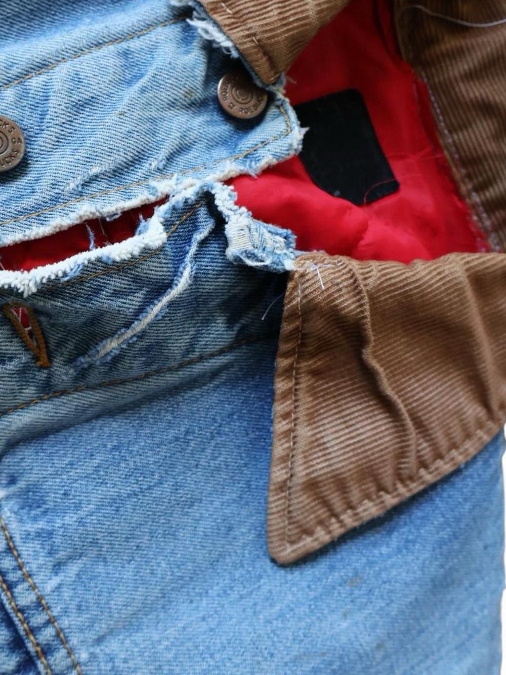 Classic Blue Denim Jean Jacket with Brown Corduroy Collar - Picture 3 of 8